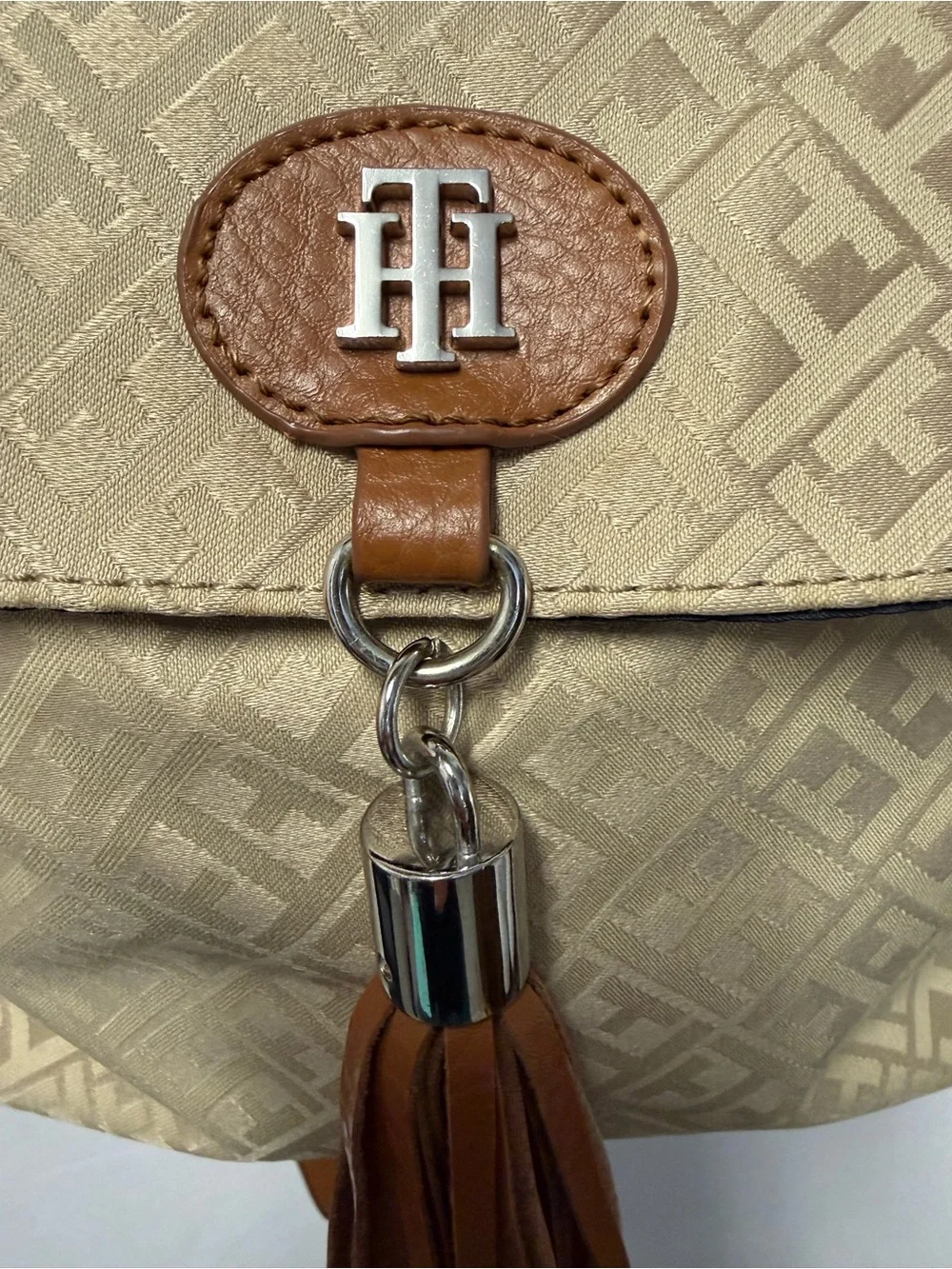 Beige Patterned Backpack with Tassel